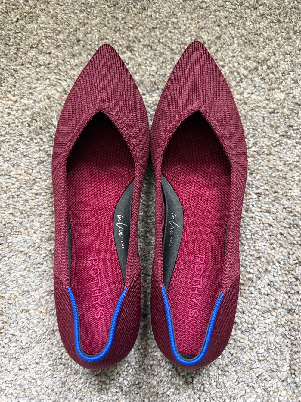 Rothy's Pointed Flat in Burgundy with Blue Trim